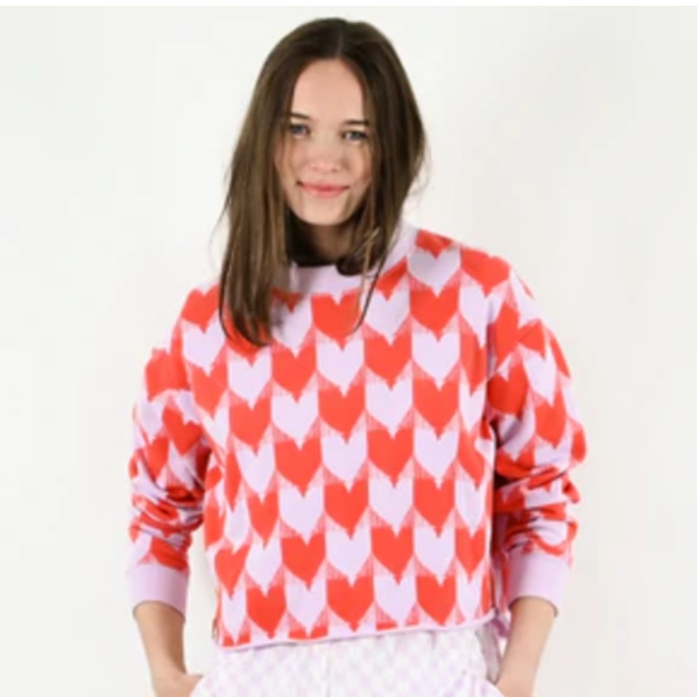 Pink and Red Heart-Pattern Crewneck Sweater